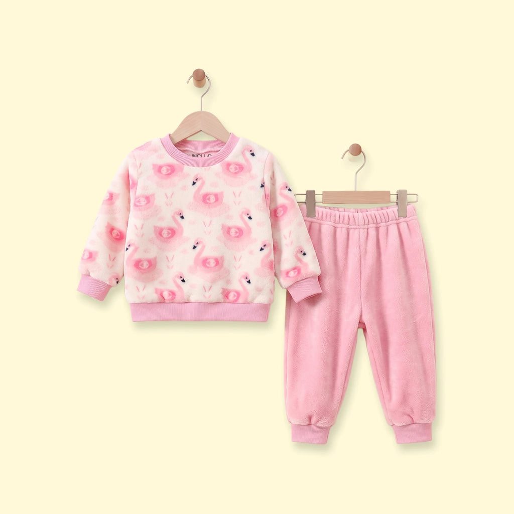Girls Pink Swan Printed Sweatshirt With Pants Sets 2 pc. Sets Pink 1-2 Y