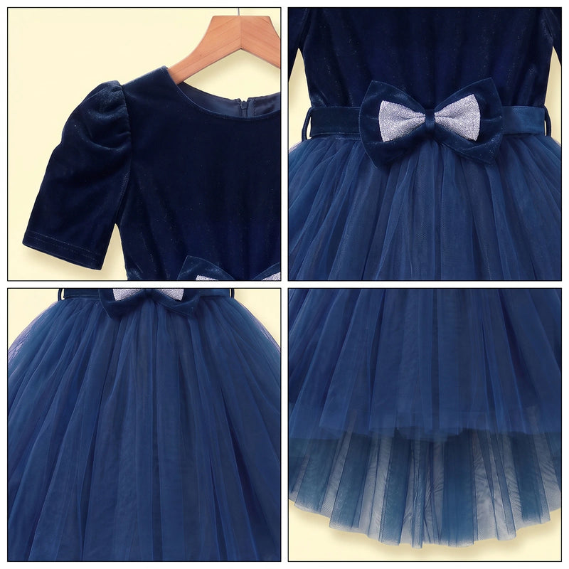 Girls dark blue high-low party dress with velvet bodice