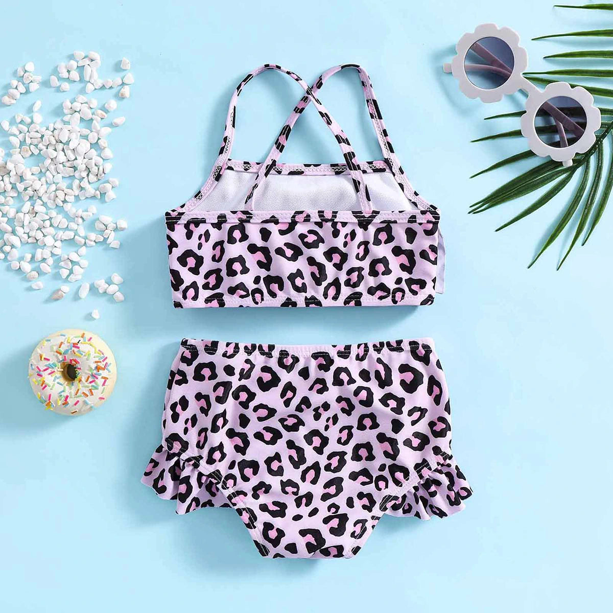 Girls Pink Leopard Print Top With Briefs Swimwear Sets Sets