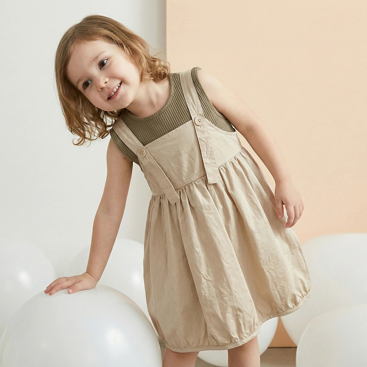 Girls Beige Solid Pinafore Dress With Sleeveless Inner Top Casual Dresses