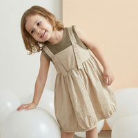 Girls Beige Solid Pinafore Dress With Sleeveless Inner Top Casual Dresses