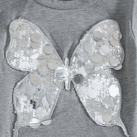 Girls Grey Butterfly Embellished Short Sleeve T-Shirt With Denim Skirt Sets 2 pc. Sets
