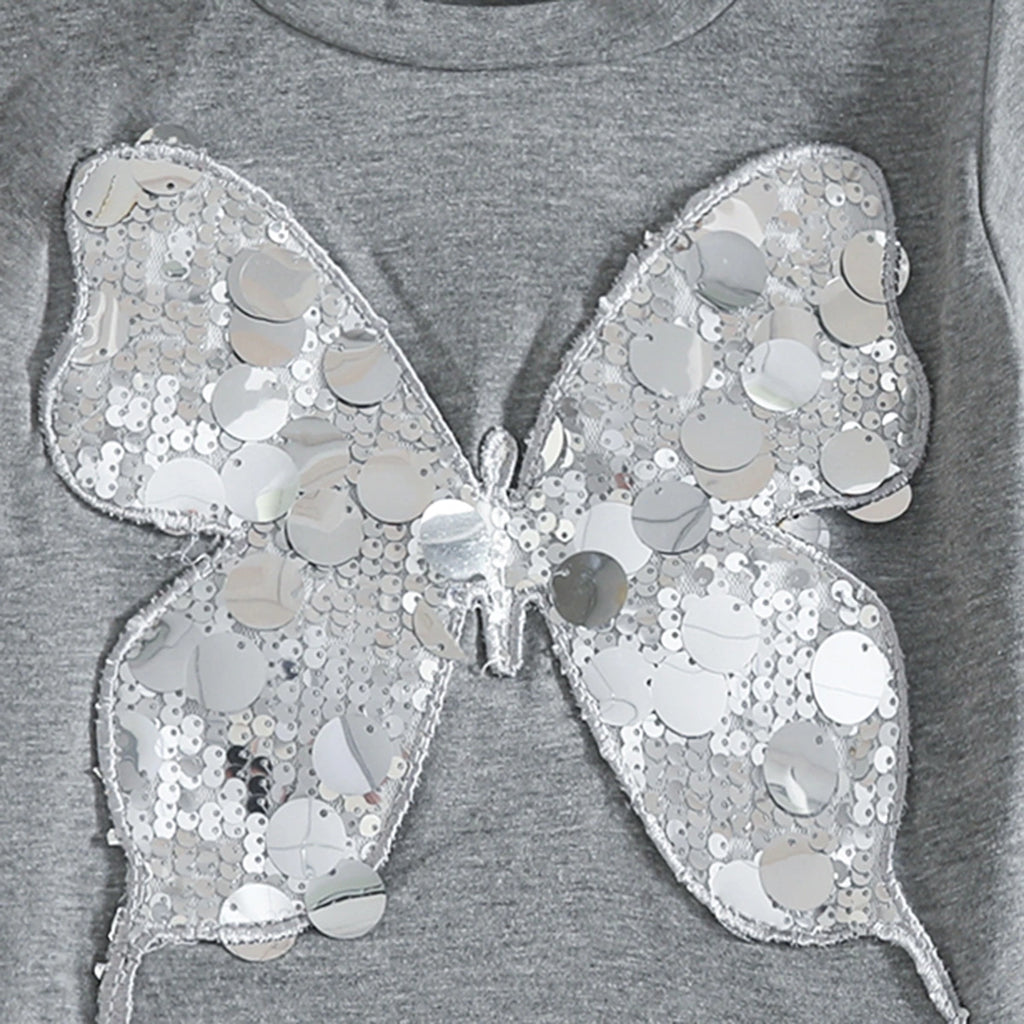 Girls Grey Butterfly Embellished Short Sleeve T-Shirt With Denim Skirt Sets 2 pc. Sets