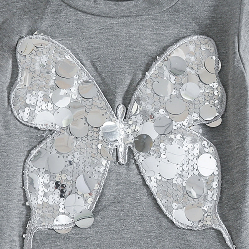 Girls Grey Butterfly Embellished Short Sleeve T-Shirt With Denim Skirt Sets 2 pc. Sets