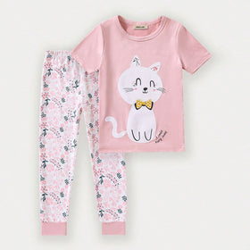 Girls Pink Cat Print T-shirt with Floral Print Pajama Set Sets Pink 3-4 Y