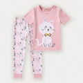 Girls Pink Cat Print T-shirt with Floral Print Pajama Set Sets Pink 3-4 Y