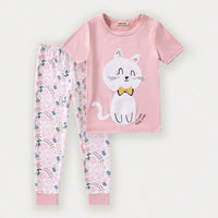 Girls Pink Cat Print T-shirt with Floral Print Pajama Set Sets Pink 3-4 Y
