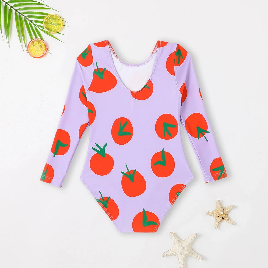 Girls Purple Tomato Print Swimwear Bodysuit Beachwear