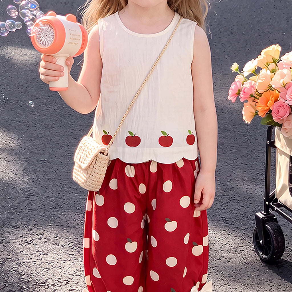 Girls Beige Sleeveless Apple Print Top With Pants Sets 2 pc. Sets