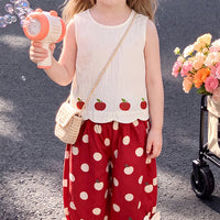 Girls Beige Sleeveless Apple Print Top With Pants Sets 2 pc. Sets