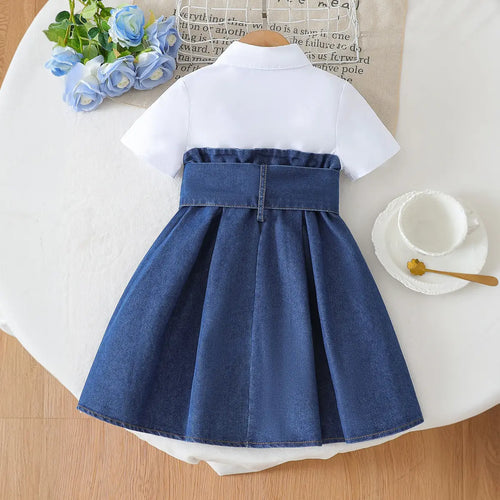 Girls Blue Short Sleeves Shelf Belted Shirt Dress Casual Dresses
