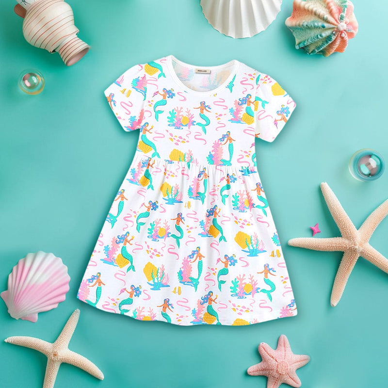 Girls Short Sleeve Mermaid Printed Dress Casual Dresses White 1-2 Y 