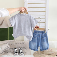 Boys Grey Joystick Printed Short Sleeves T-Shirt With Denim Shorts Set 2 pc. Sets