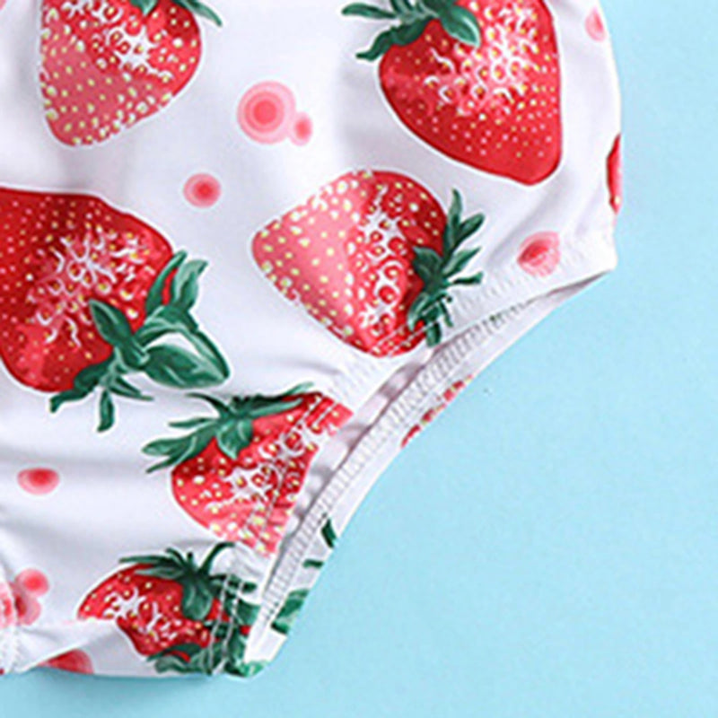 Girls Red Halter Top With Strawberry Print Briefs & Headband Swimwear Sets Sets