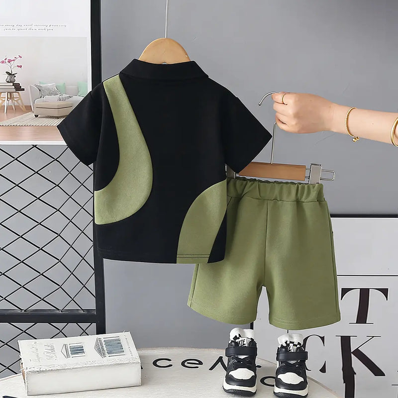 Boys Green Colourblocked Polo T-Shirt With Shorts Sets Sets