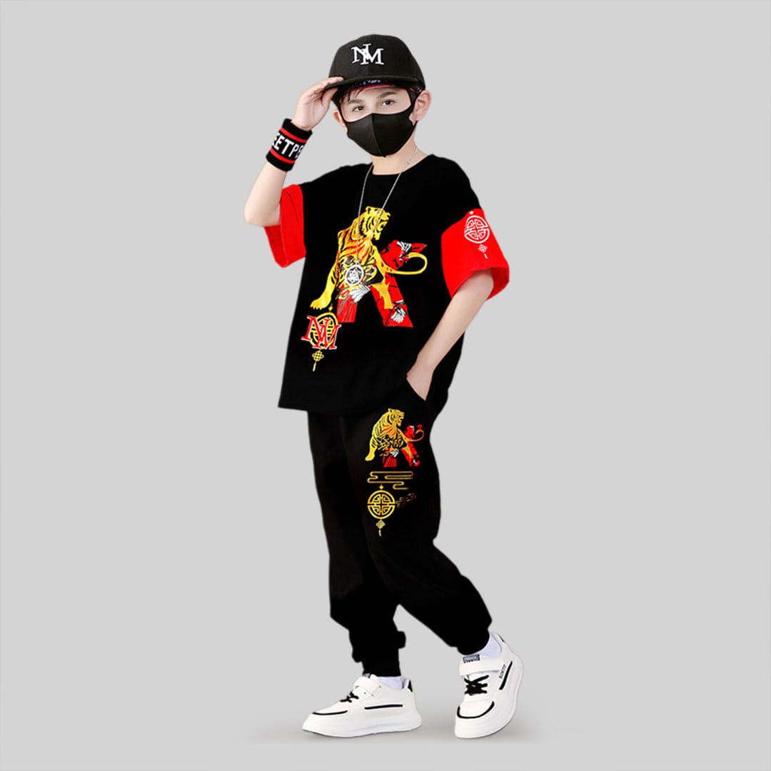 Boys Lion Print Short Sleeve T-Shirt With Pants 2 pc. Sets Black 4-5 Y 