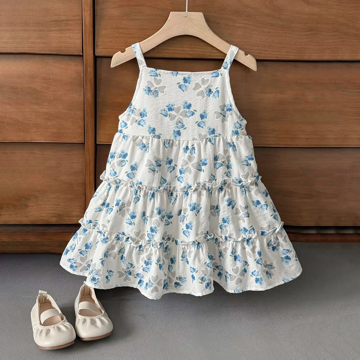Girls White Floral Print Sleeveless Tiered Dress Casual Dresses