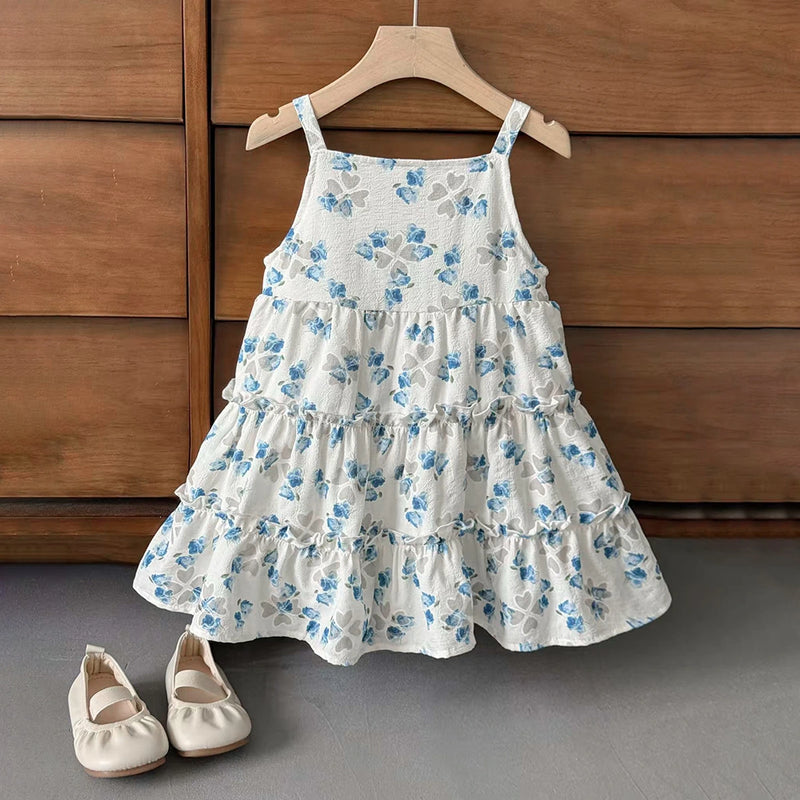 Girls White Floral Print Sleeveless Tiered Dress Casual Dresses