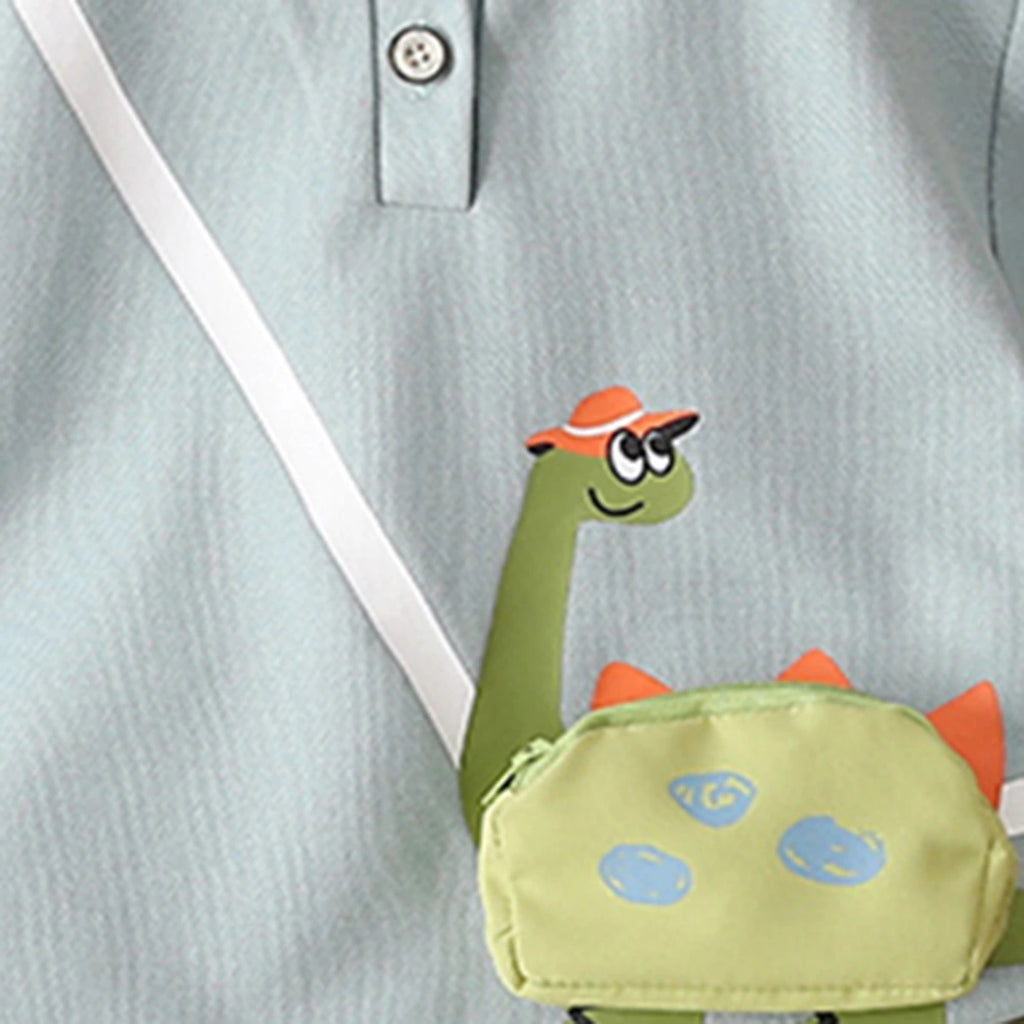 Boys Light Blue Dinosaur Applique Polo T-Shirt With Shorts Set Sets