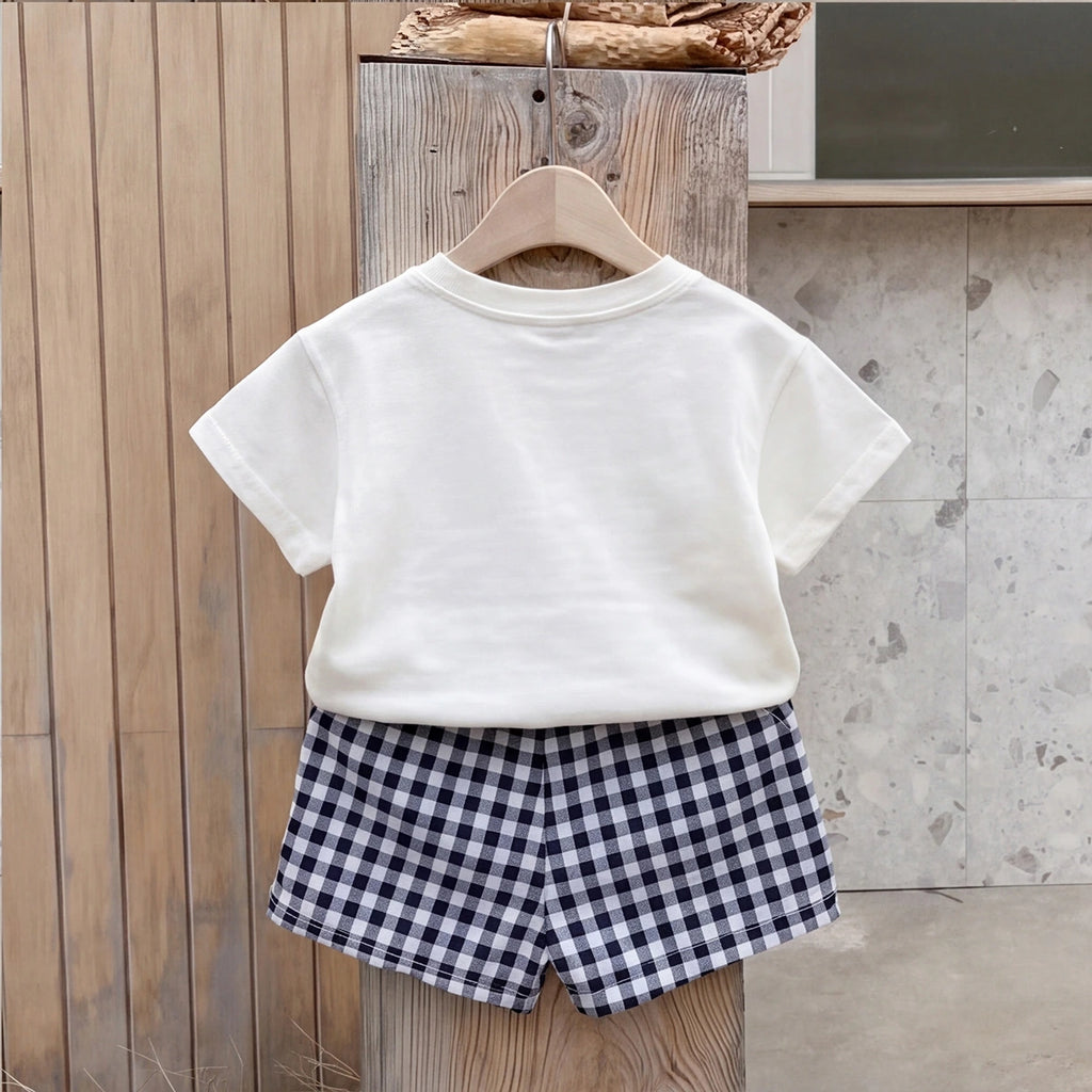 Boys White Dinosaur Print Short Sleeve T-Shirt With Checked Shorts Sets 2 pc. Sets