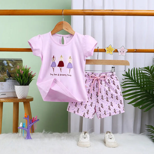 Girls Lilac Graphic Short Sleeve Top With Drawcord Printed Shorts Sets Sets Lilac 6-12 M