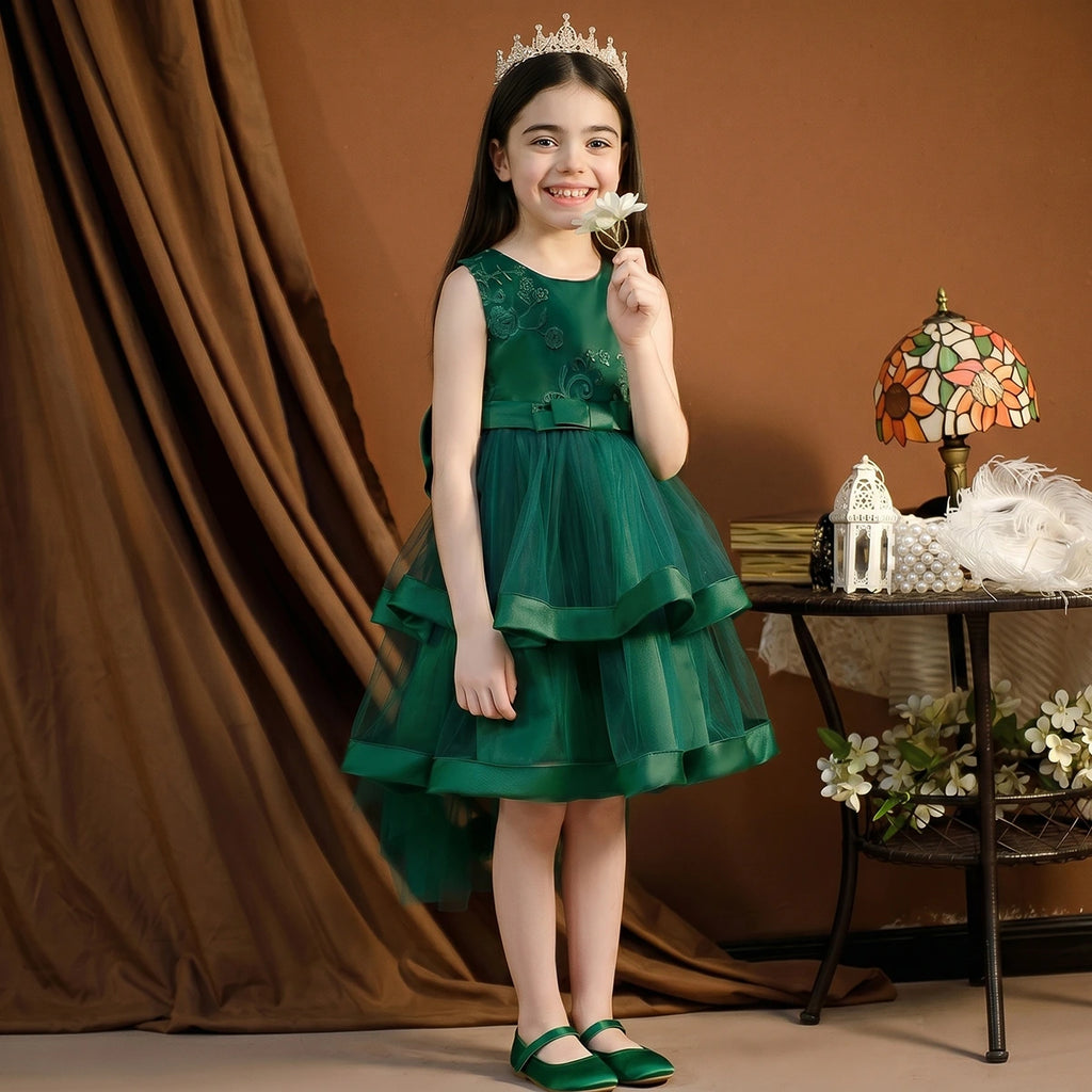 Girls Green Embroidered Sleeveless Layered Party Dress With Bow Party Dresses Green 2-3 Y