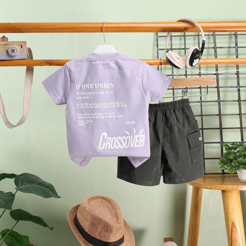 Boys Lilac Typographic Printed T-Shirt With Shorts Sets Sets