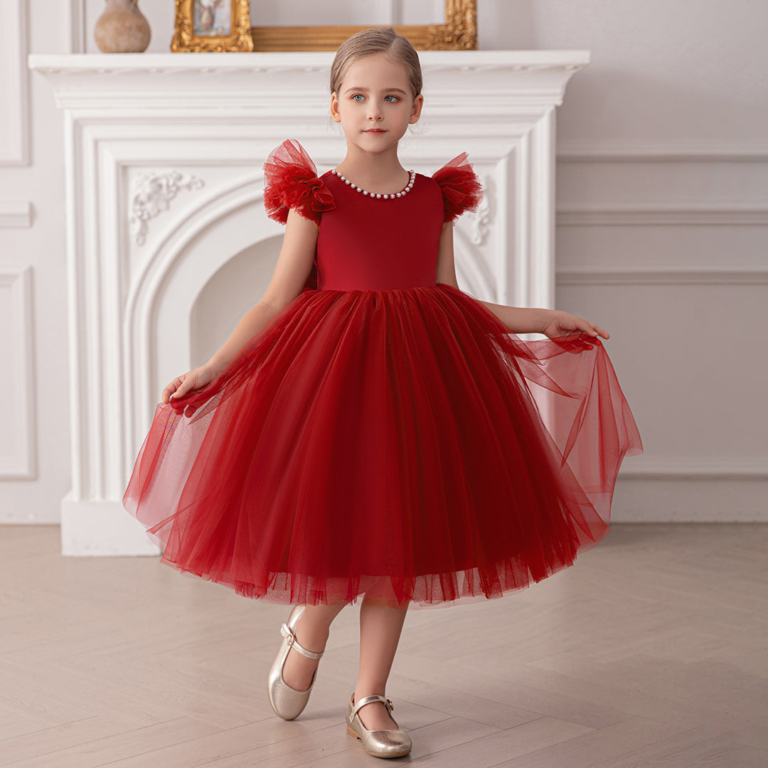 Girls Maroon Duchess Sateen Tulle Party Dress with Heart Back Party Dresses