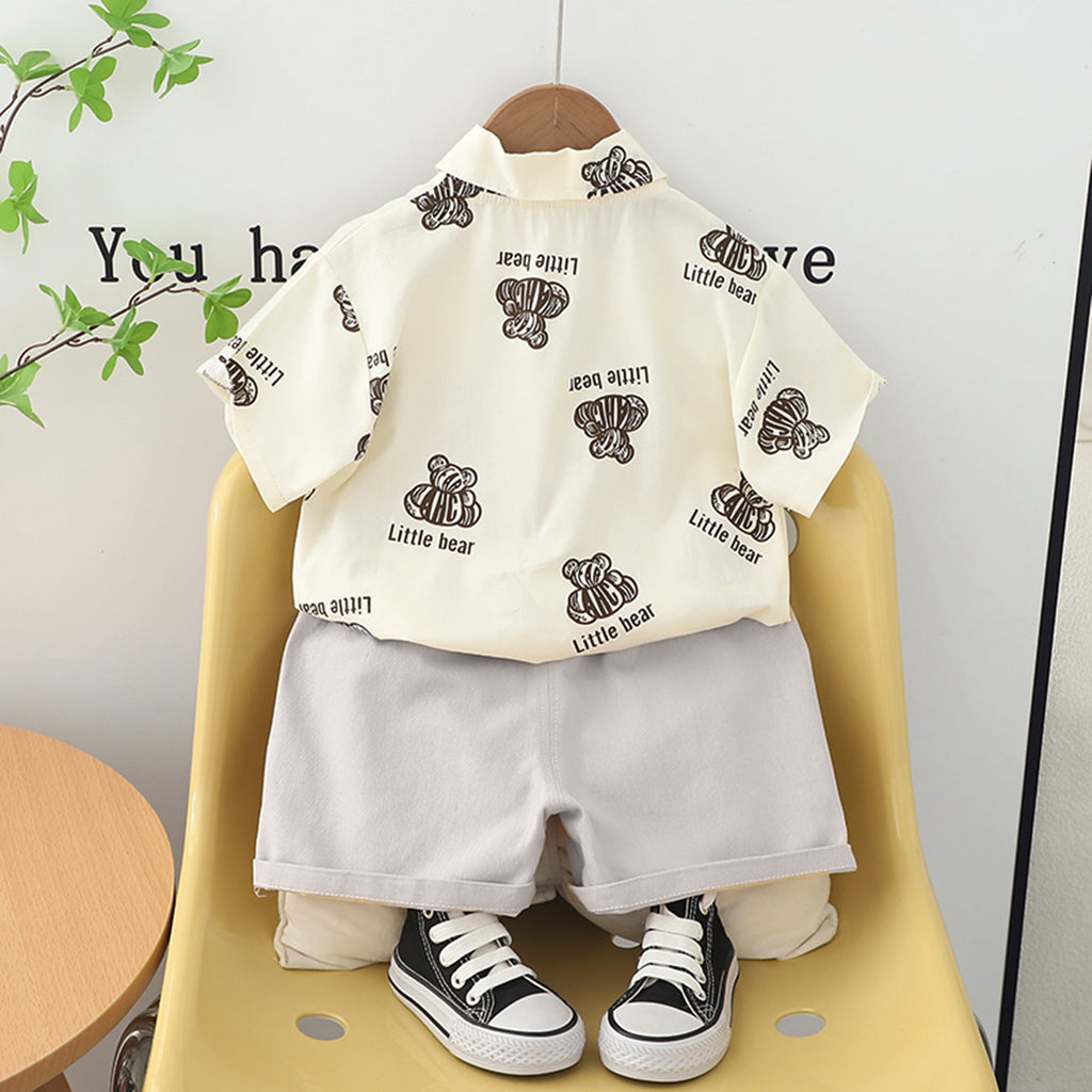 Boys Grey Bear Printed Short Sleeve Shirt With Elasticated Shorts Set Sets