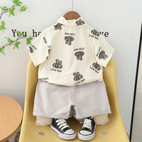 Boys Grey Bear Printed Short Sleeve Shirt With Elasticated Shorts Set Sets