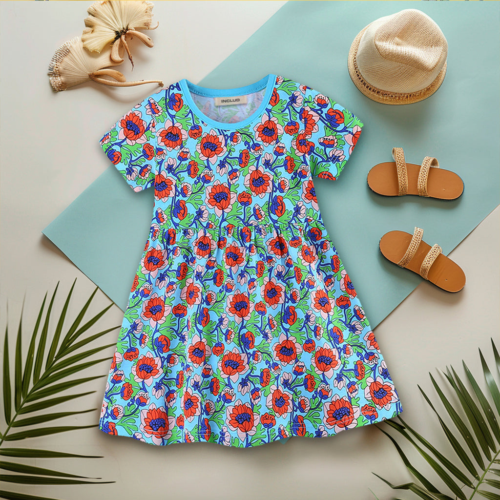 Girls Short Sleeve Floral Print Knee Length Dress Casual Dresses Blue 1-2 Y 