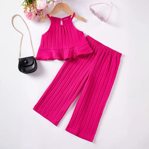 Girls Fuchsia Self Stripe Peplum Top With Pants Co-ord Sets Sets Fuchsia 1-2 Y