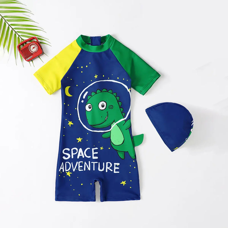 Boys Blue Graphics Swimwear Bodysuit With Swim Cap Beachwear Blue 3-4 Y