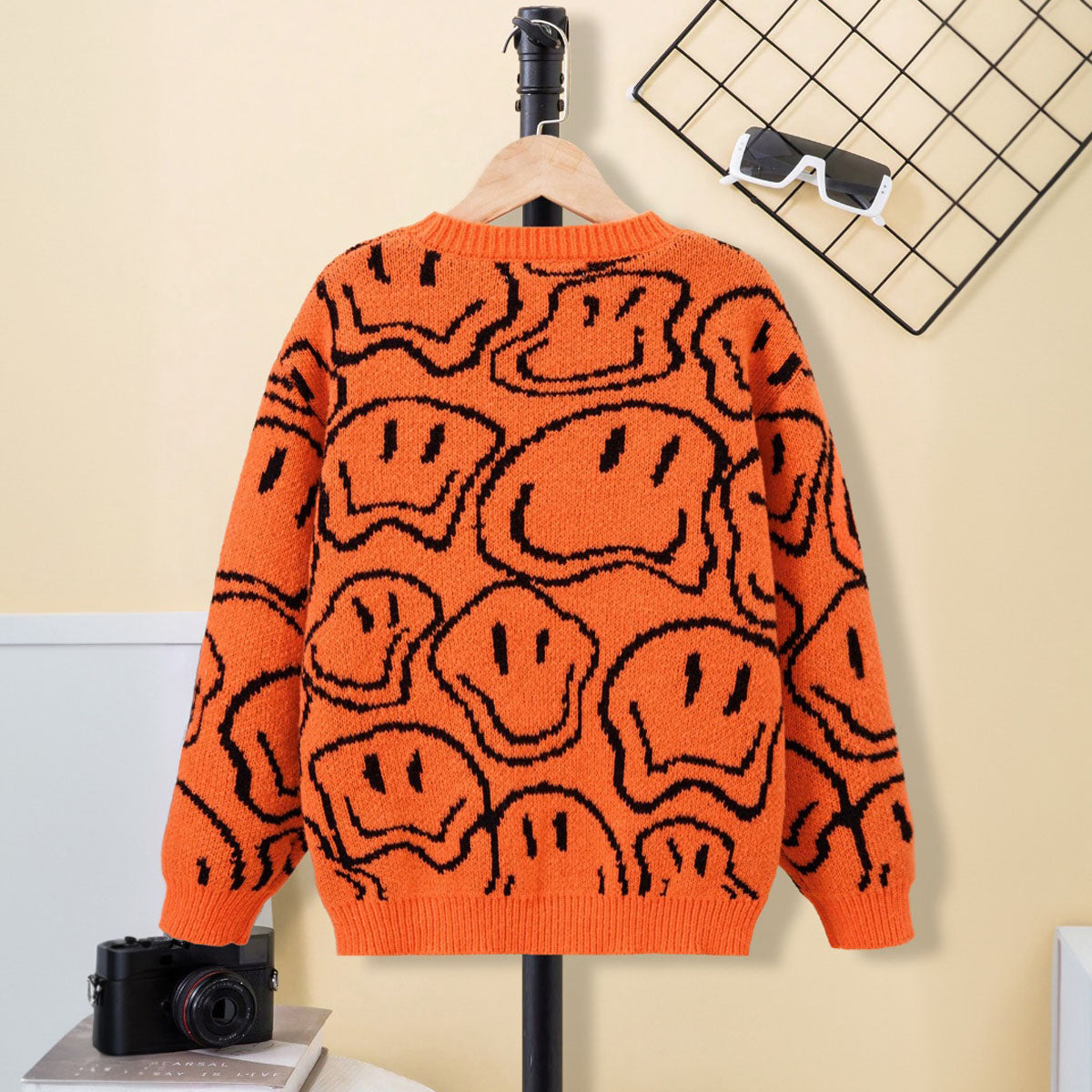 Girls Orange Abstract Printed Regular Winter Sweater Sweaters & Cardigans