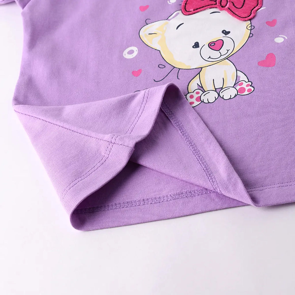 Girls Lilac Animal Graphic Short Sleeves Top With Polka Dot Elasticated Shorts Sets Sets
