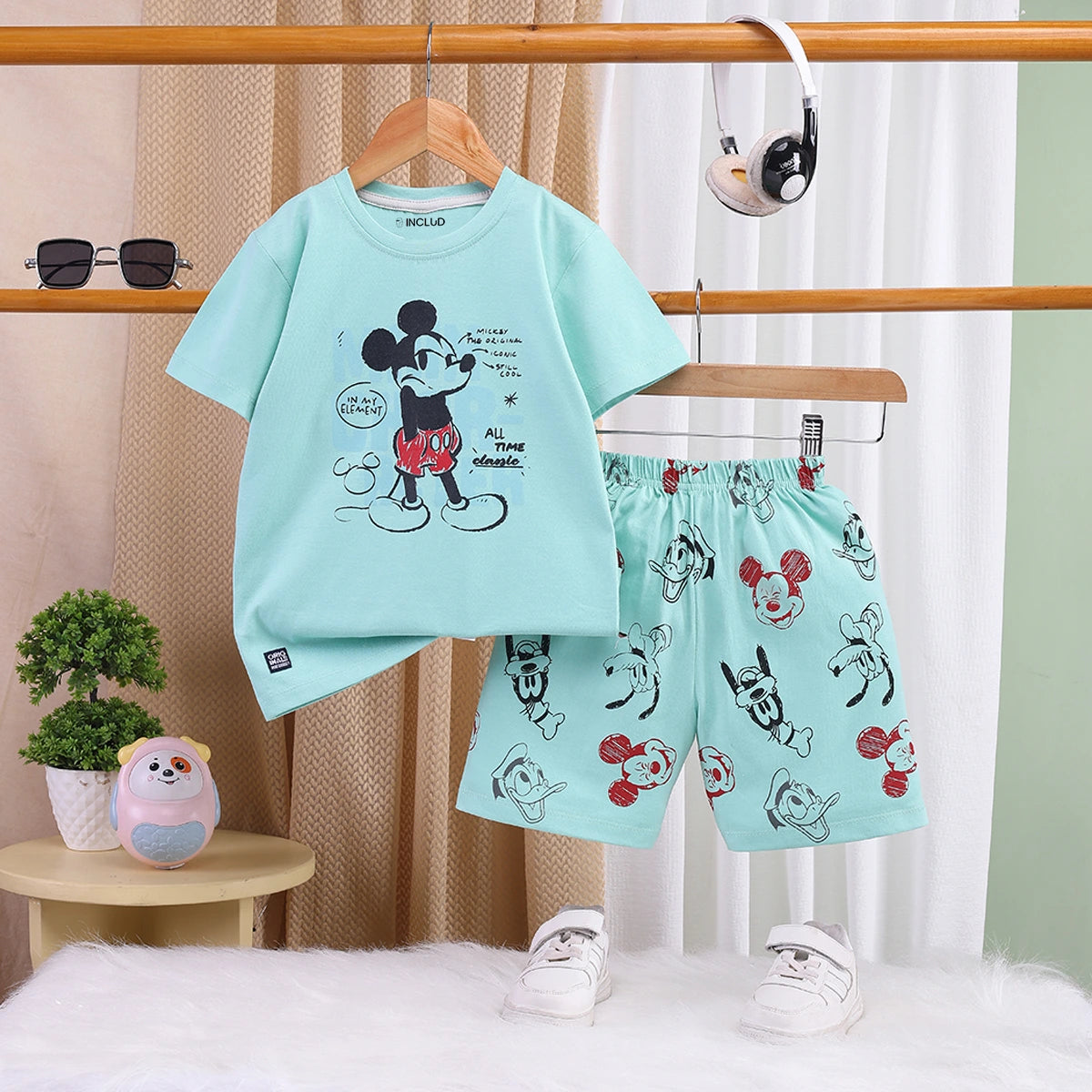 Includ Boys Cartoon Printed Summer T-Shirt With Elasticated Shorts Set 2 pc. Sets Sea Green 2-3 Y