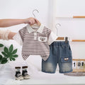 Boys Brown Striped Short Sleeve Polo T-Shirt With Elasticated Denim Shorts 2 pc. Sets Brown 1-2 Y