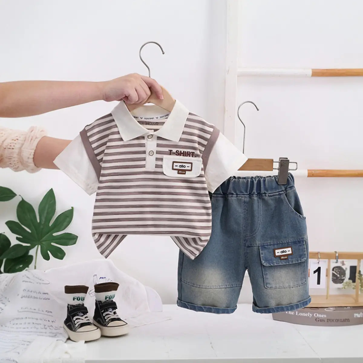 Boys Brown Striped Short Sleeve Polo T-Shirt With Elasticated Denim Shorts 2 pc. Sets Brown 1-2 Y