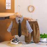 Boys Brown Vest & Pant With Striped Shirt & Neck-tie Sets