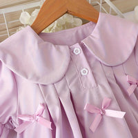 Girls Purple Puff Sleeves Pleated A-line Dress With Bow Details Casual Dresses