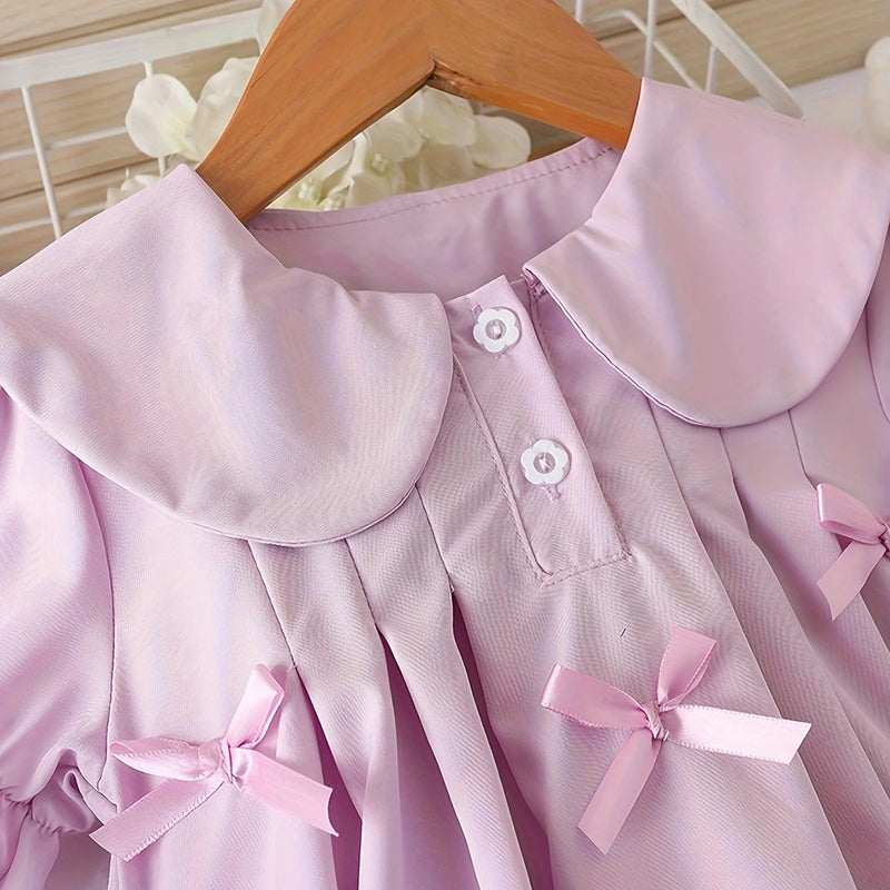 Girls Purple Puff Sleeves Pleated A-line Dress With Bow Details Casual Dresses