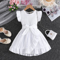 Girls White Flutter Sleeves Round Neck Dress Casual Dresses White 3-4 Y