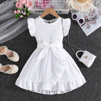 Girls White Flutter Sleeves Round Neck Dress Casual Dresses White 3-4 Y