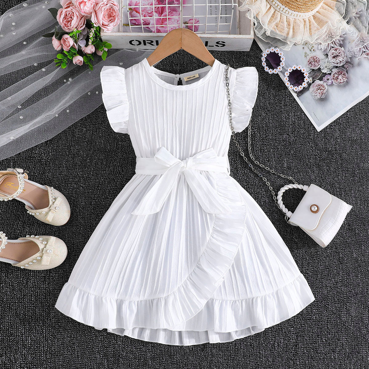 Girls White Flutter Sleeves Round Neck Dress Casual Dresses White 3-4 Y