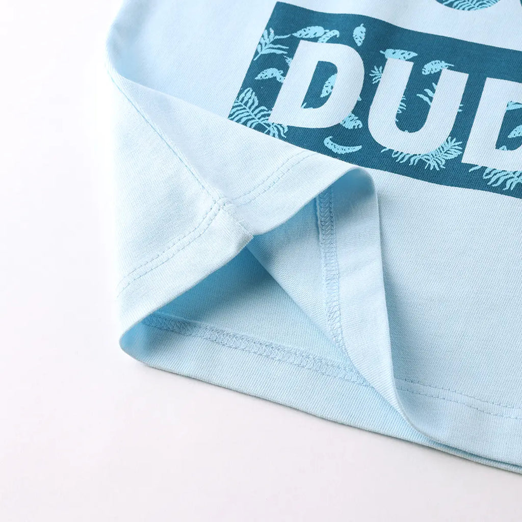 Boys Sky Blue Typographic Printed Short Sleeves T-Shirt With Pinted Drawstring Shorts Sets Sets