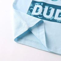 Boys Sky Blue Typographic Printed Short Sleeves T-Shirt With Pinted Drawstring Shorts Sets Sets