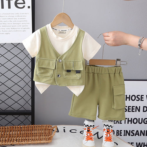 Boys Green Short Sleeves Attached Waistcoat T-Shirt With Shorts Set 2 pc. Sets Green 1-2 Y