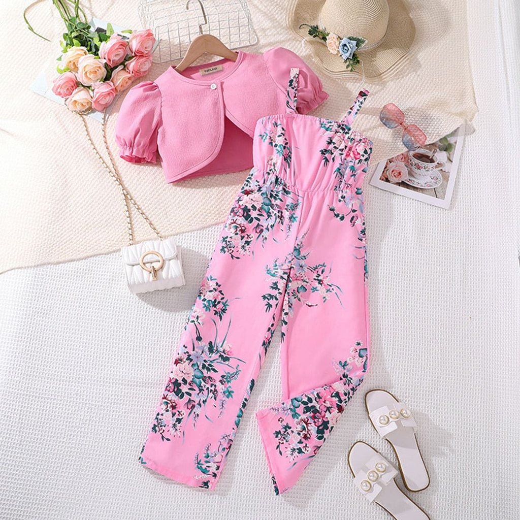Girls Sleeveless Floral Print Jumpsuit With Summer Jacket Set