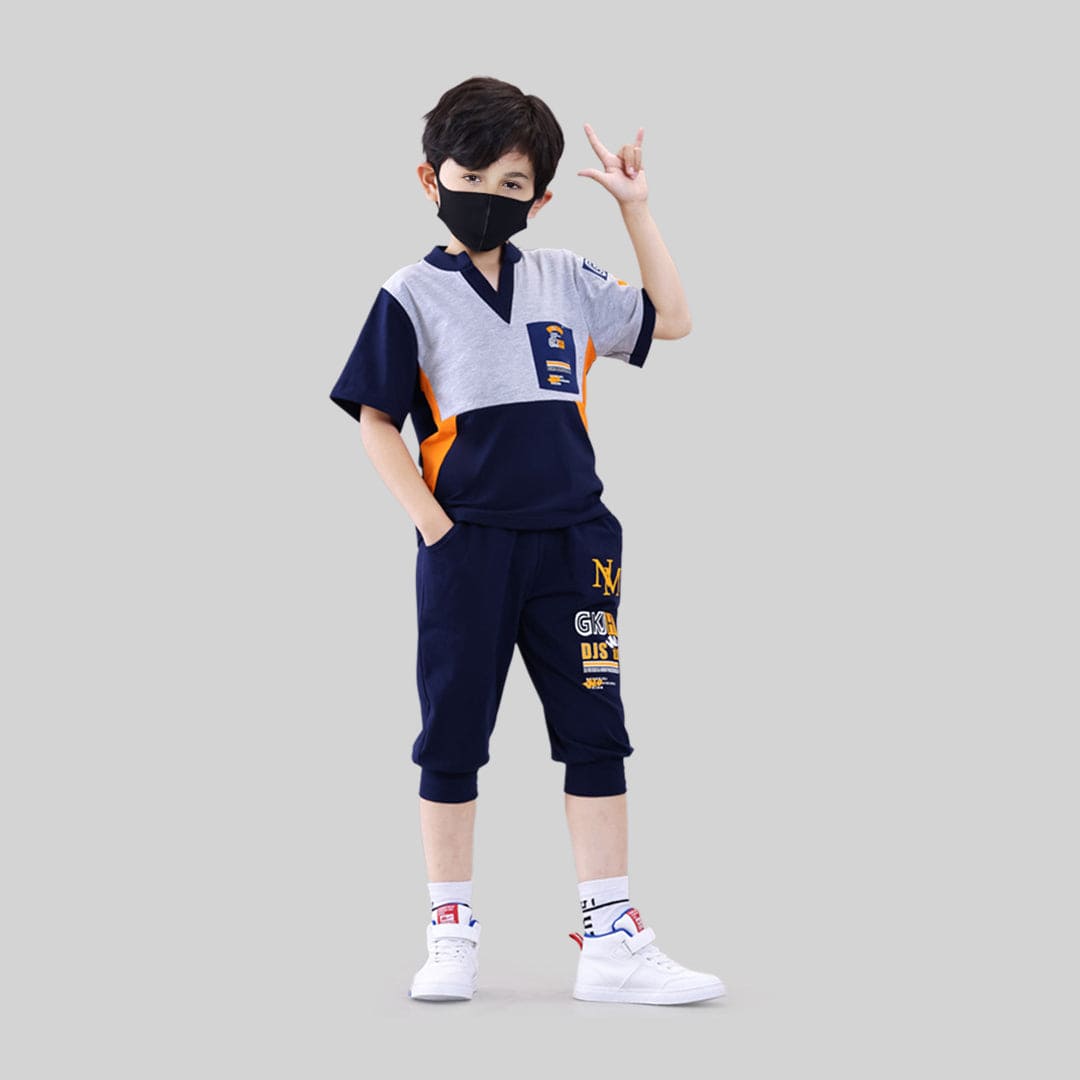 Boys Vneck Short Sleeve T-Shirt With 3/4 Length Pants 2 pc. Sets Navy Blue 4-5 Y 