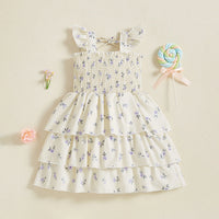 Girls Cream Floral Printed Flutter Sleeve Smocked Tiered Dress Casual Dresses